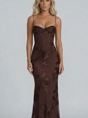 Chic Chocolate Brown Floral Lace Bridal Gown